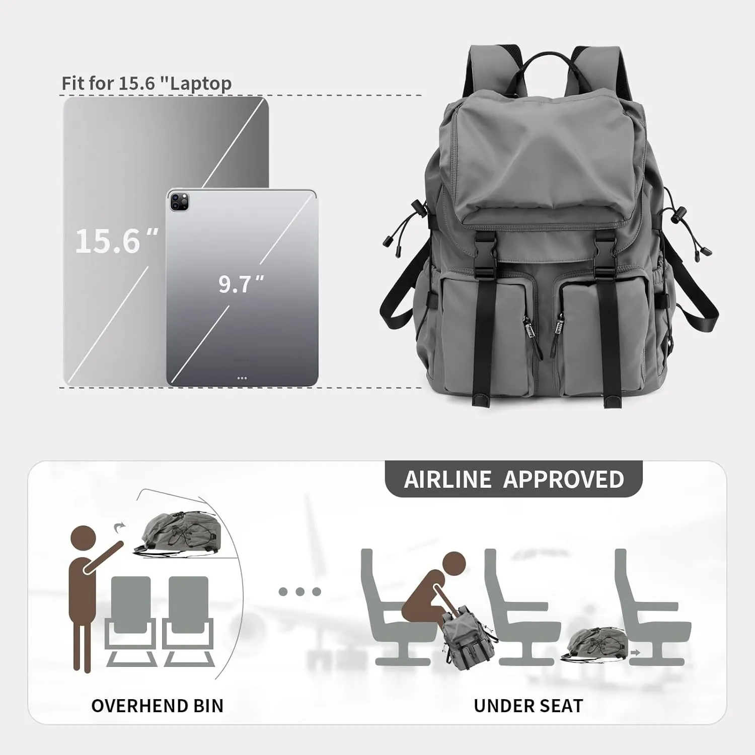 Laptop Backpack for Men & Women, Functional Stylish Vintage Backpack, 30L Waterproof College Work Commuter Travel Backpack Fits 15.6 Inch Tablet, Notebook (Grey)