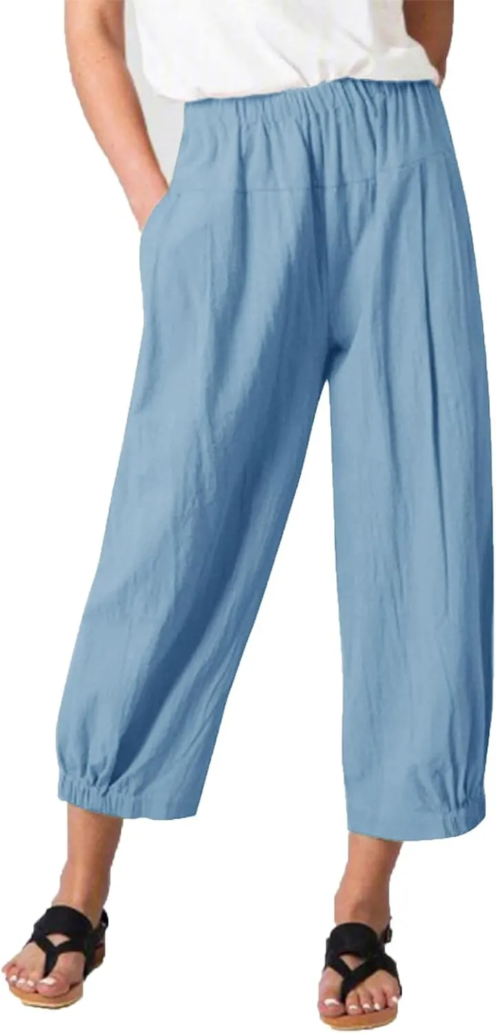 Les umes Women's Cropped Pants Cotton High Waist Wide Leg Capris Casual Loose Harem Pants Trousers with Pockets Blue 16-18