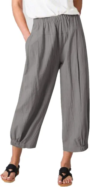 Les umes Women's Cropped Pants Cotton High Waist Wide Leg Capris Casual Loose Harem Pants Trousers with Pockets