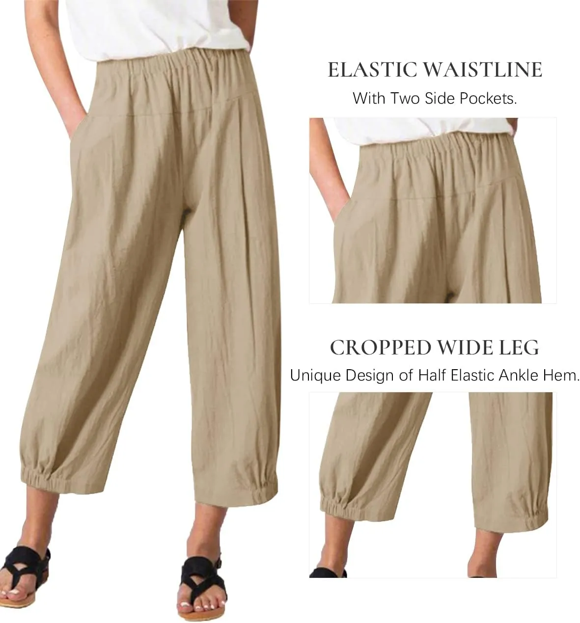Les umes Women's Cropped Pants Cotton High Waist Wide Leg Capris Casual Loose Harem Pants Trousers with Pockets