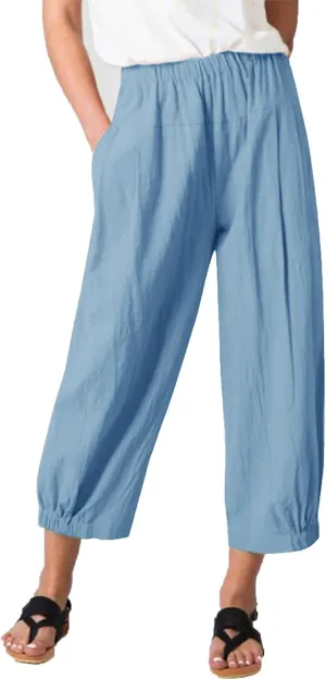 Les umes Women's Cropped Pants Cotton High Waist Wide Leg Capris Casual Loose Harem Pants Trousers with Pockets