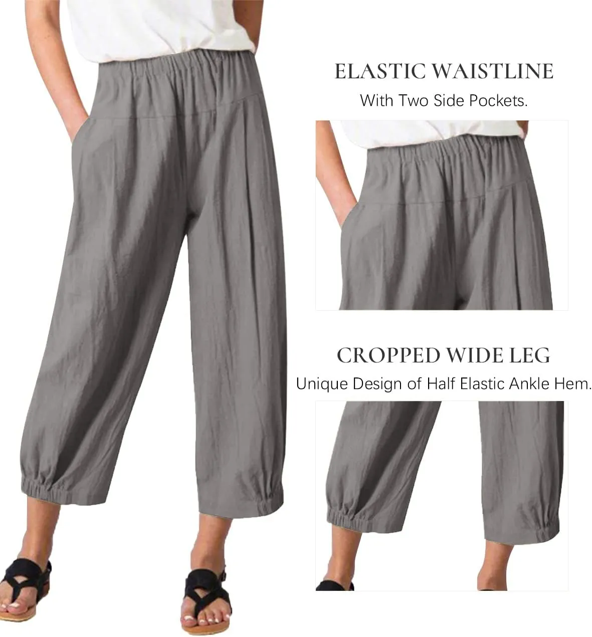 Les umes Women's Cropped Pants Cotton High Waist Wide Leg Capris Casual Loose Harem Pants Trousers with Pockets