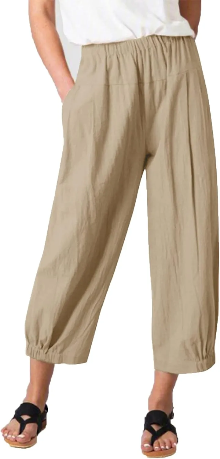 Les umes Women's Cropped Pants Cotton High Waist Wide Leg Capris Casual Loose Harem Pants Trousers with Pockets