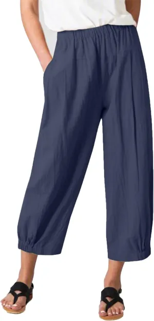 Les umes Women's Cropped Pants Cotton High Waist Wide Leg Capris Casual Loose Harem Pants Trousers with Pockets