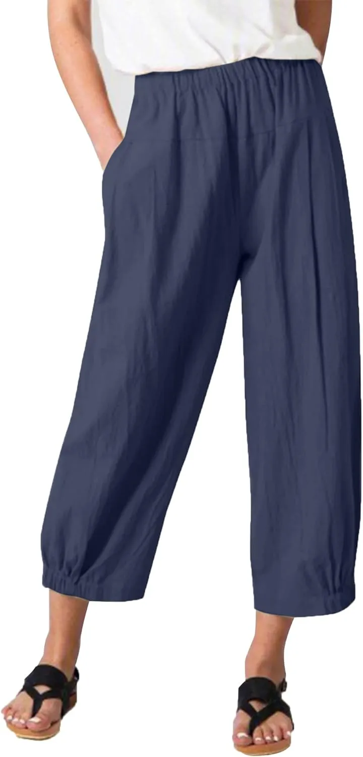 Les umes Women's Cropped Pants Cotton High Waist Wide Leg Capris Casual Loose Harem Pants Trousers with Pockets