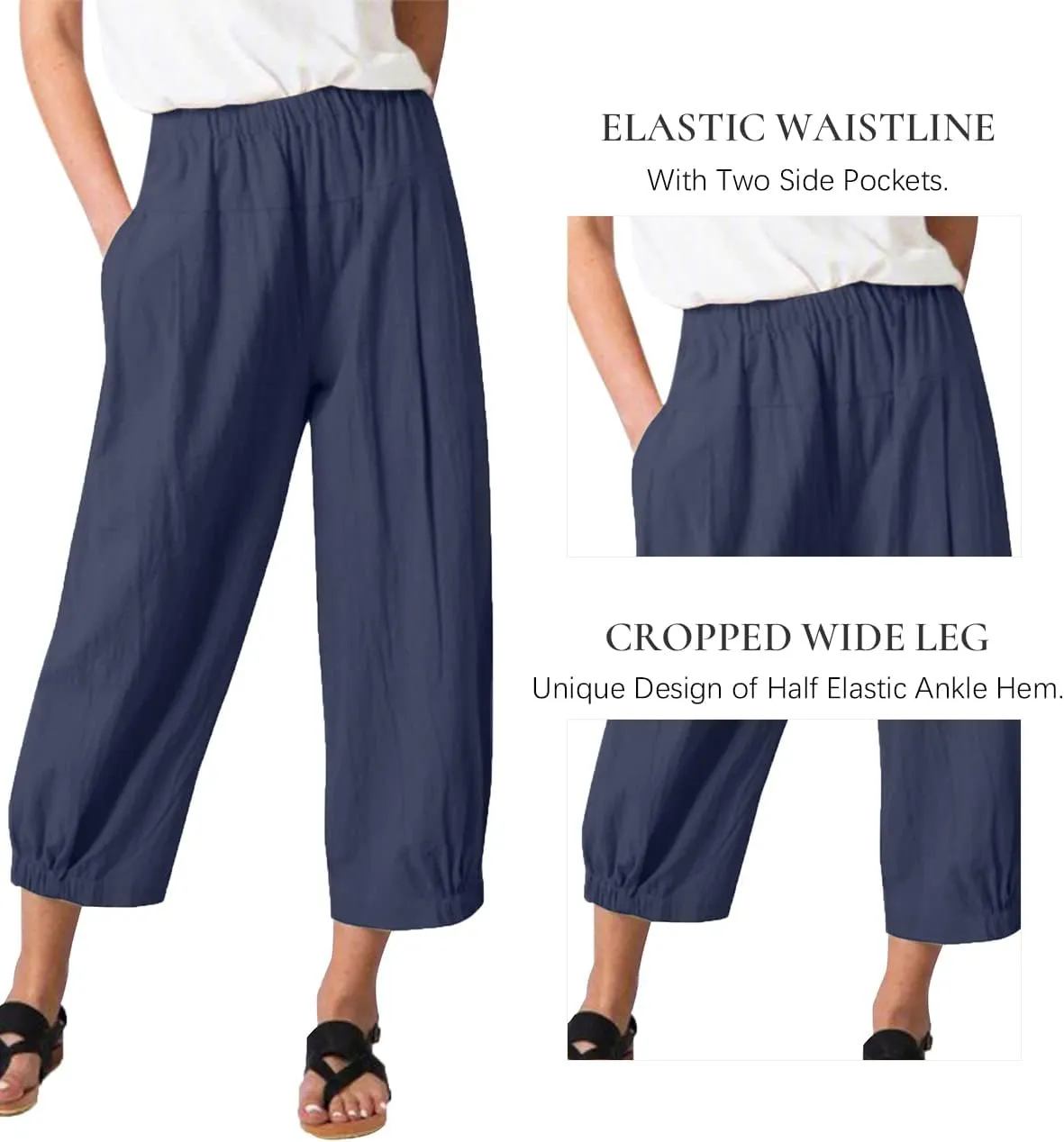 Les umes Women's Cropped Pants Cotton High Waist Wide Leg Capris Casual Loose Harem Pants Trousers with Pockets