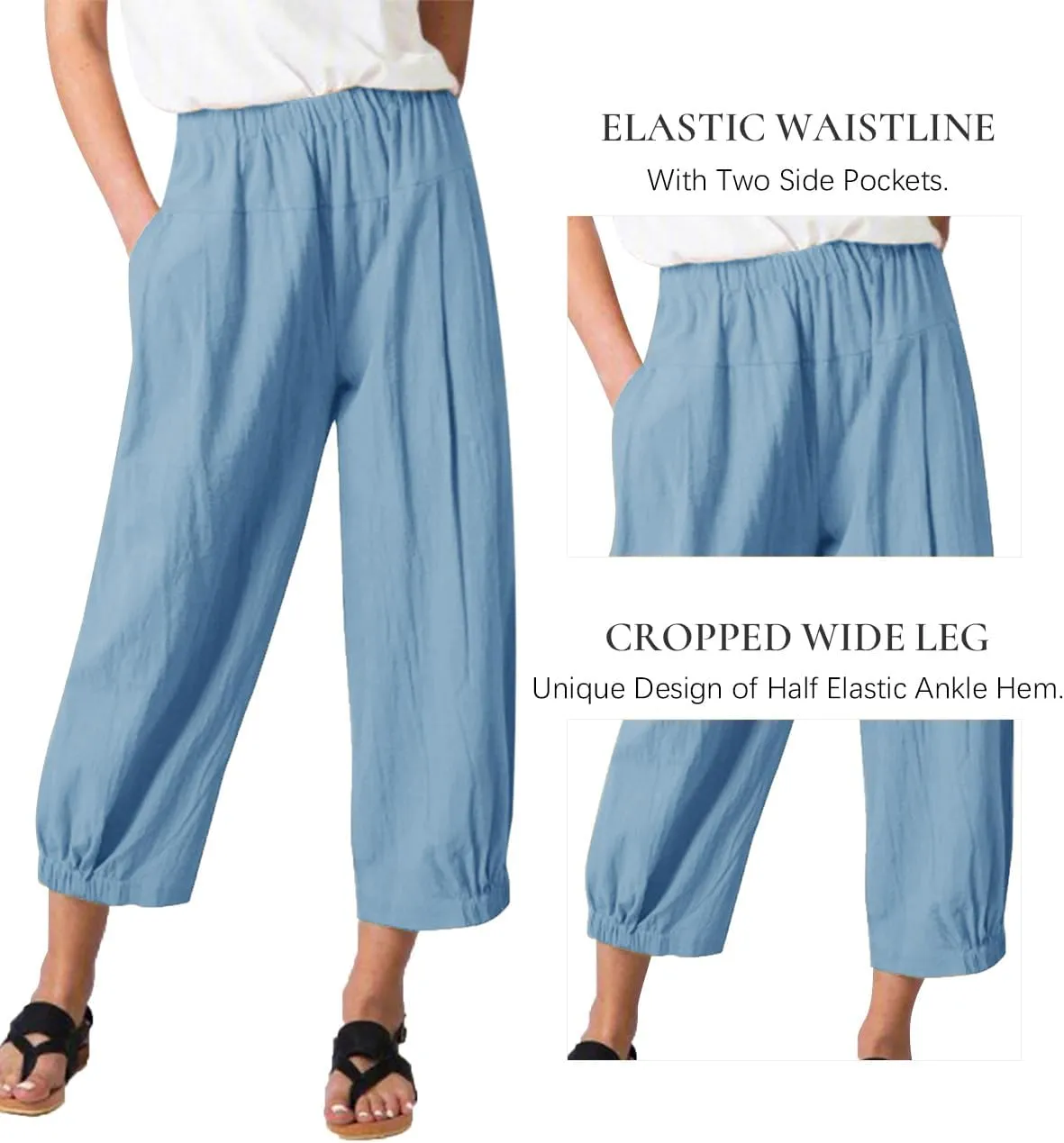 Les umes Women's Cropped Pants Cotton High Waist Wide Leg Capris Casual Loose Harem Pants Trousers with Pockets