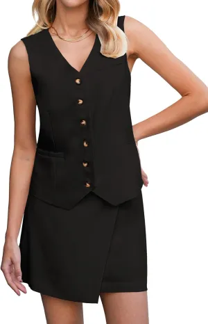 luvamia 2 Piece Skirt Sets for Women Dressy Sleeveless Blazer Vest Skirts Matching Suit Set Business Casual Work Outfits