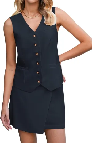 luvamia 2 Piece Skirt Sets for Women Dressy Sleeveless Blazer Vest Skirts Matching Suit Set Business Casual Work Outfits