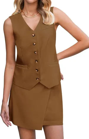 luvamia 2 Piece Skirt Sets for Women Dressy Sleeveless Blazer Vest Skirts Matching Suit Set Business Casual Work Outfits