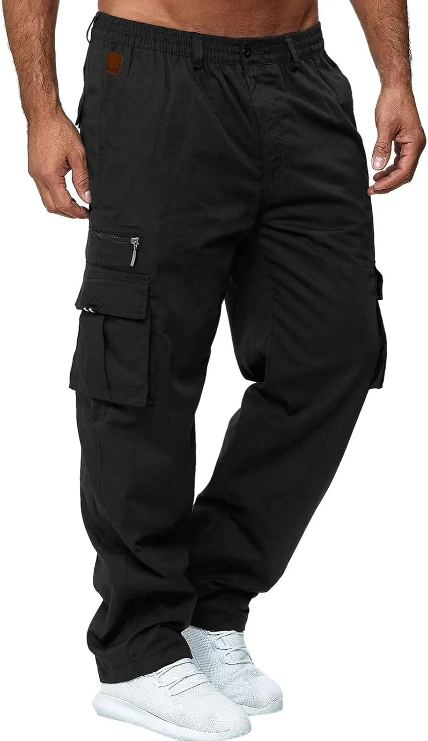 Mens All Season Fit Pants Casual Solid Color Trousers Fashion Overalls Straight Leg Sports Joggers with Pockets