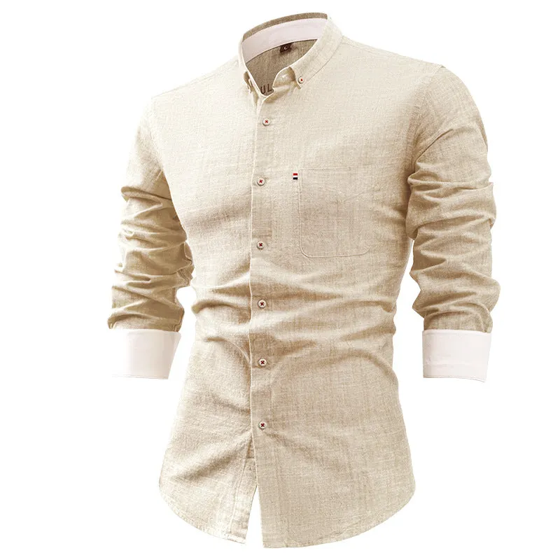 Mens Button-Up Shirt  Cotton Linen Blend  Slim Fit  Long Sleeve Casual Wear