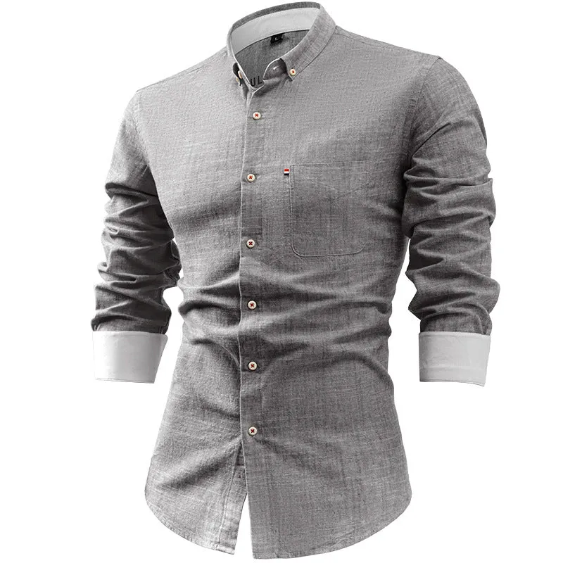 Mens Button-Up Shirt  Cotton Linen Blend  Slim Fit  Long Sleeve Casual Wear