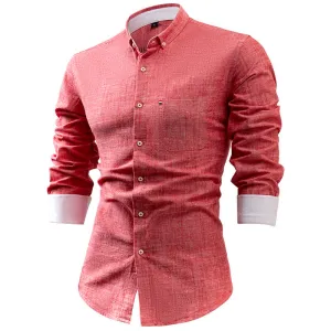 Mens Button-Up Shirt  Cotton Linen Blend  Slim Fit  Long Sleeve Casual Wear