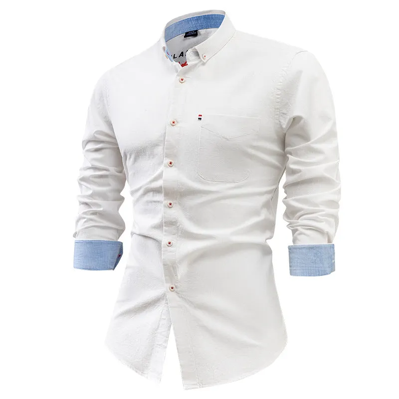 Mens Button-Up Shirt  Cotton Linen Blend  Slim Fit  Long Sleeve Casual Wear