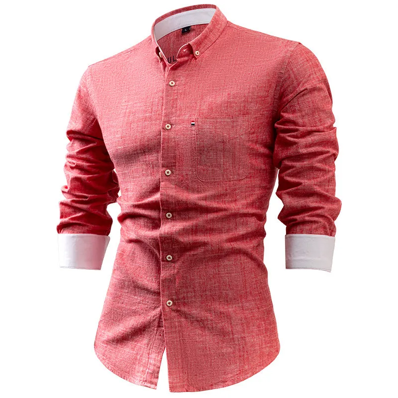 Mens Button-Up Shirt  Cotton Linen Blend  Slim Fit  Long Sleeve Casual Wear