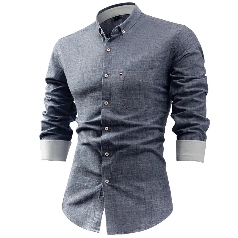 Mens Button-Up Shirt  Cotton Linen Blend  Slim Fit  Long Sleeve Casual Wear