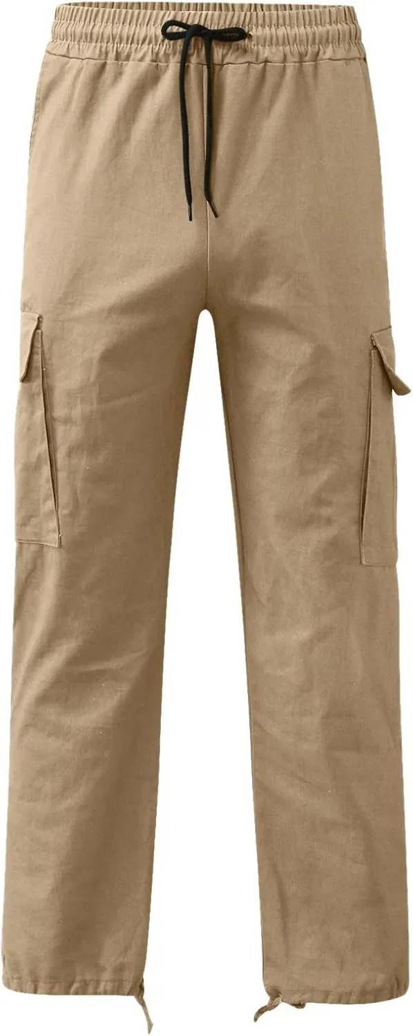 Men's Cargo Pants Slim Fit Drawstring Joggers Hiking Trousers with Multi Pockets Twill Chino Pants Sports Overalls