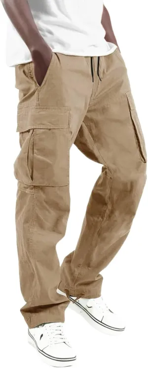 Men's Cargo Pants Slim Fit Drawstring Joggers Hiking Trousers with Multi Pockets Twill Chino Pants Sports Overalls