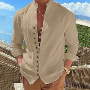 Mens Casual Shirt - Mandarin Collar - Long Sleeve - Slim Fit Button-Up