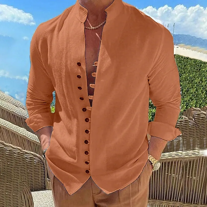 Mens Casual Shirt - Mandarin Collar - Long Sleeve - Slim Fit Button-Up