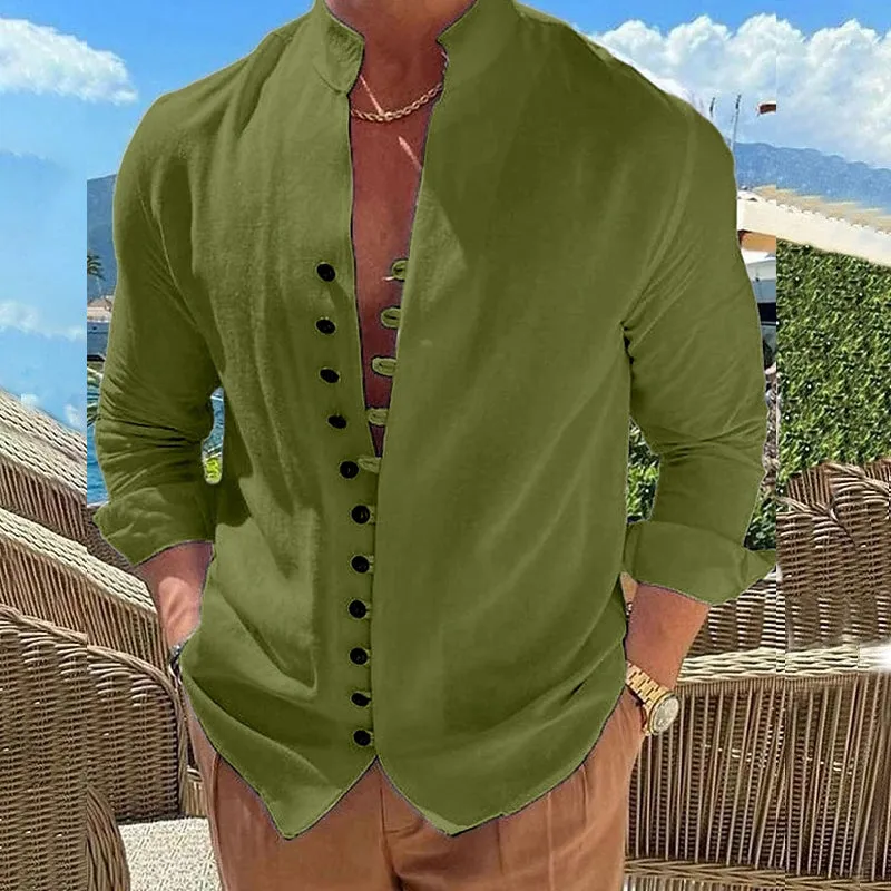 Mens Casual Shirt - Mandarin Collar - Long Sleeve - Slim Fit Button-Up