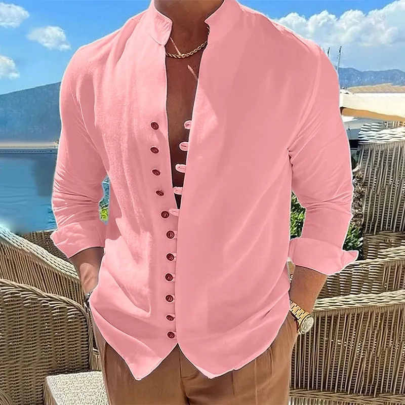 Mens Casual Shirt - Mandarin Collar - Long Sleeve - Slim Fit Button-Up
