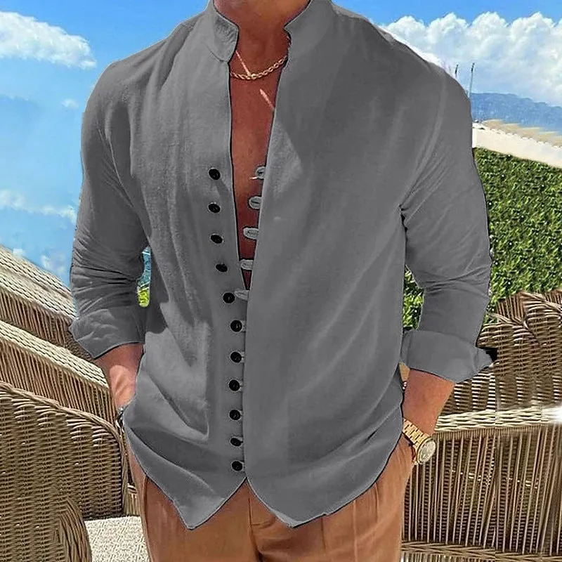Mens Casual Shirt - Mandarin Collar - Long Sleeve - Slim Fit Button-Up