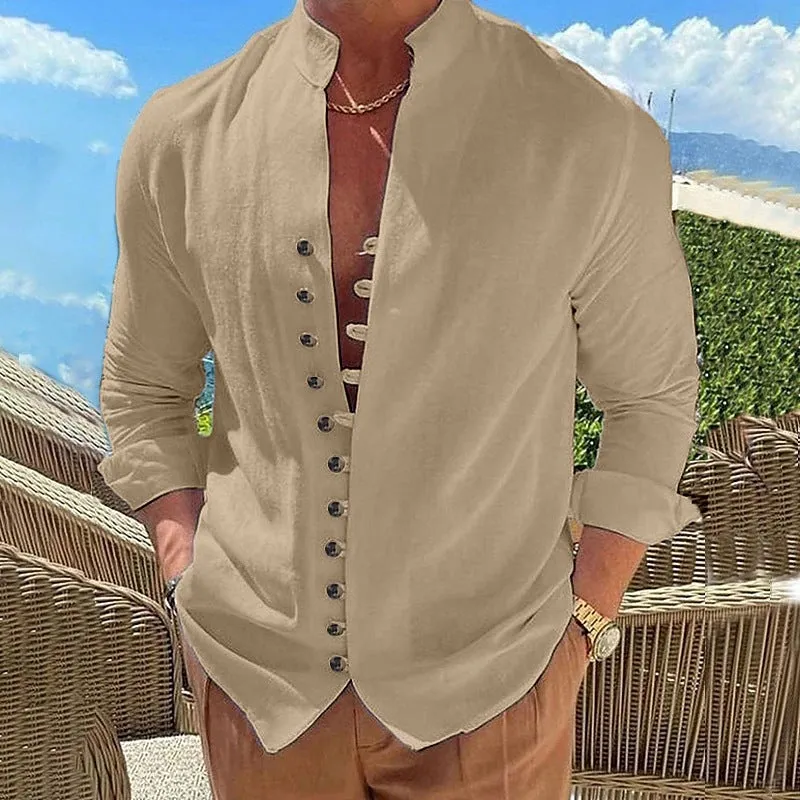 Mens Casual Shirt - Mandarin Collar - Long Sleeve - Slim Fit Button-Up