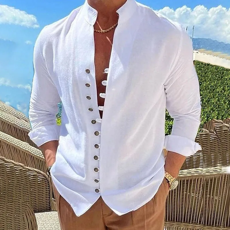 Mens Casual Shirt - Mandarin Collar - Long Sleeve - Slim Fit Button-Up