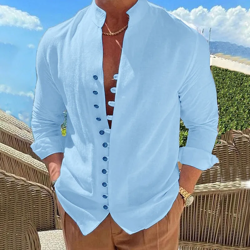 Mens Casual Shirt - Mandarin Collar - Long Sleeve - Slim Fit Button-Up
