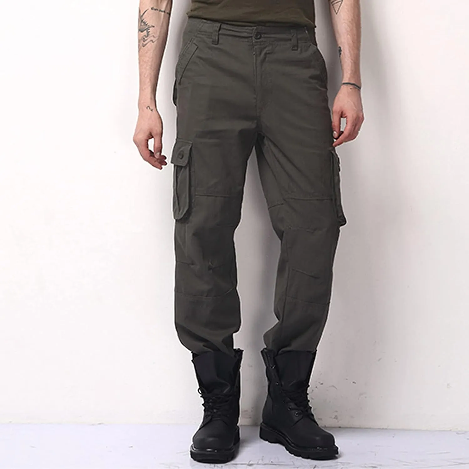 Men's Casual Tactical Pants Multi-Pocket Solid Outdoor Trousers Loose Straight Durable Gym Hiking Overalls Cargo Pants