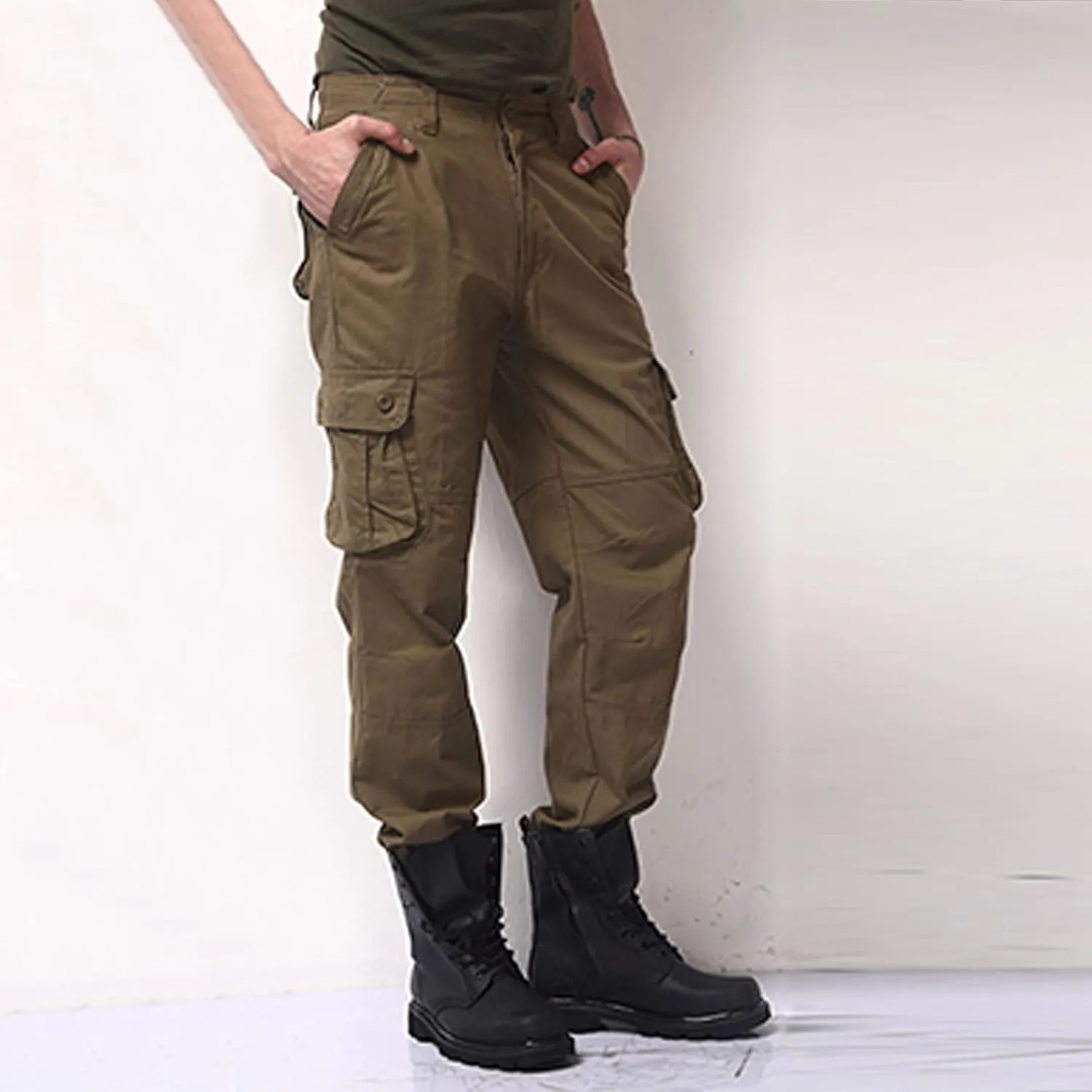 Men's Casual Tactical Pants Multi-Pocket Solid Outdoor Trousers Loose Straight Durable Gym Hiking Overalls Cargo Pants