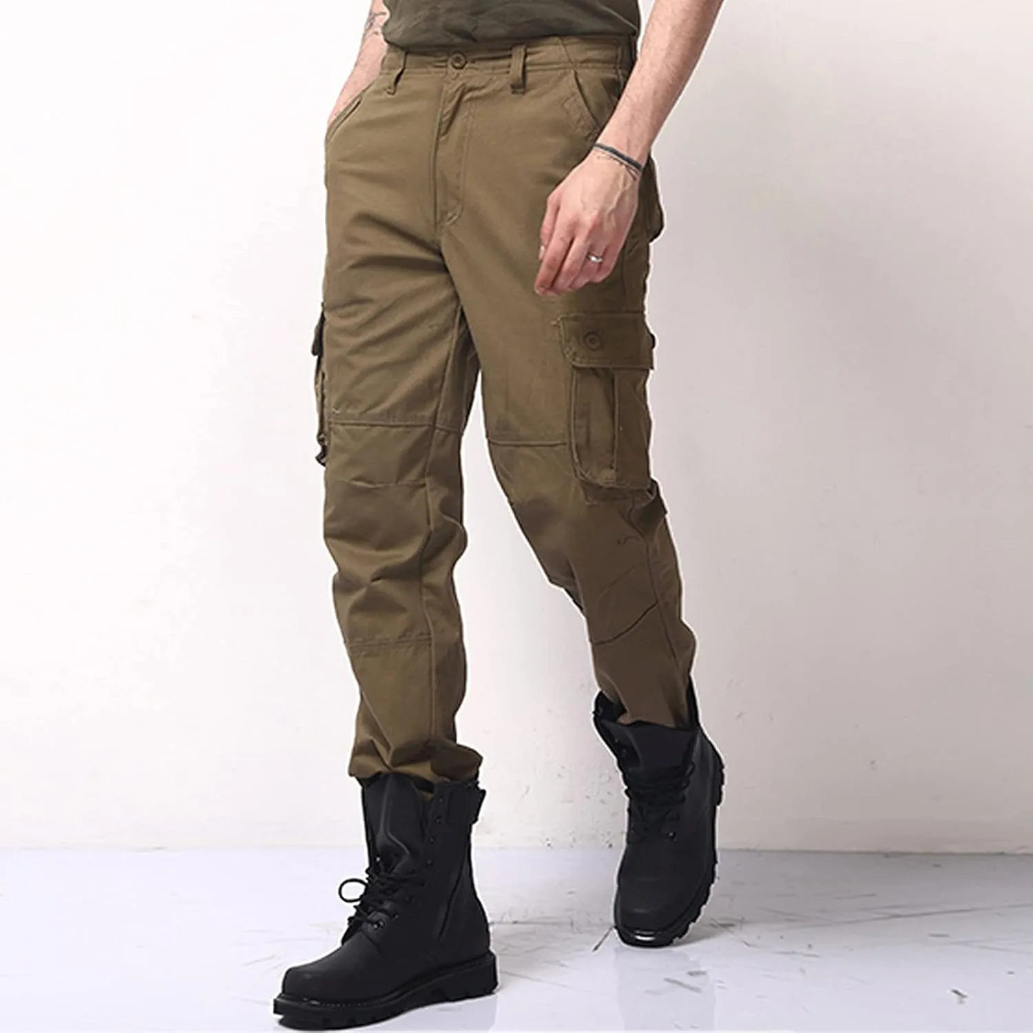 Men's Casual Tactical Pants Multi-Pocket Solid Outdoor Trousers Loose Straight Durable Gym Hiking Overalls Cargo Pants