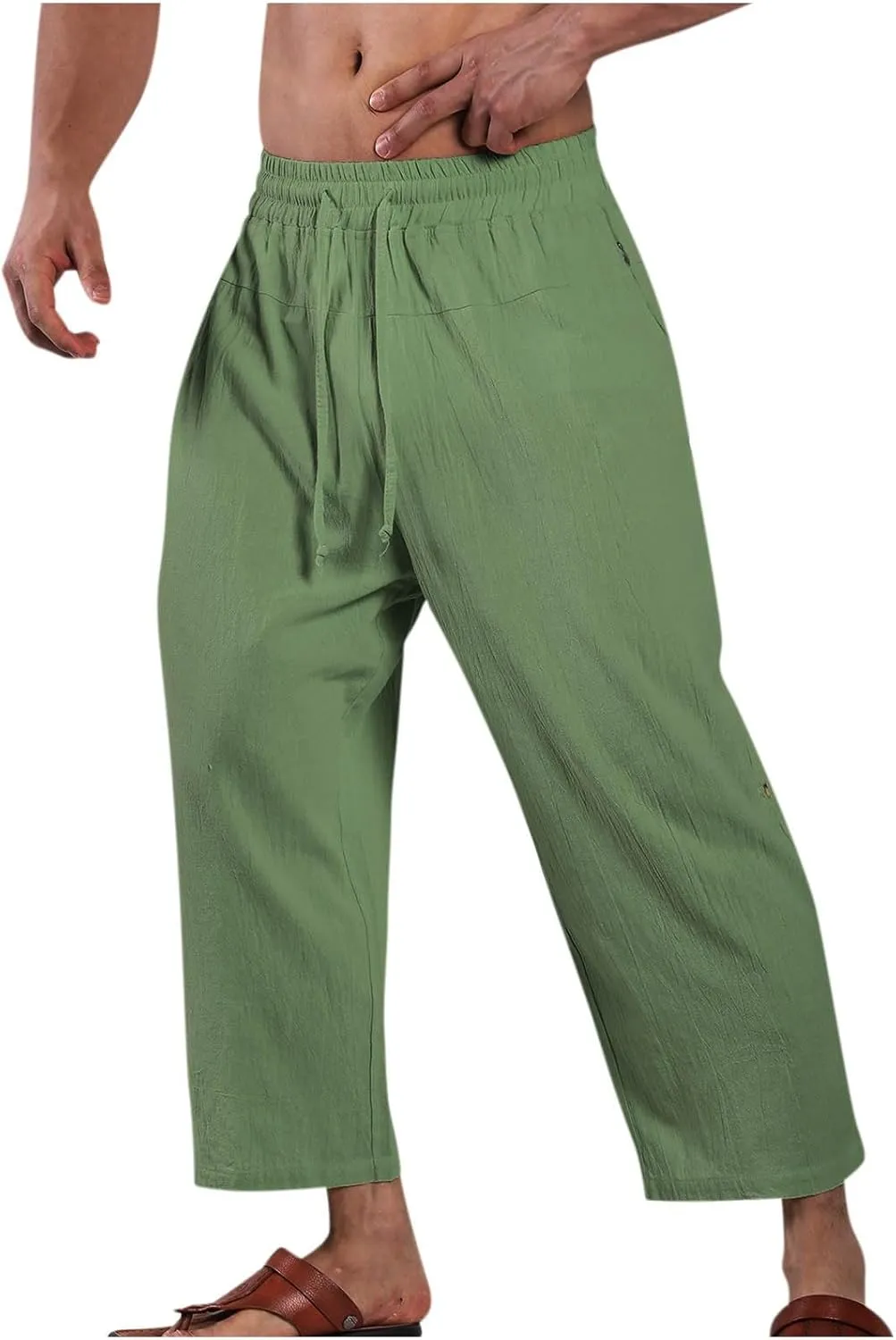 Mens Cotton Linen Drawstring Elastic Waist Casual Jogger Yoga Pants Slim Fit Lounge Cropped Pants Workout Pants