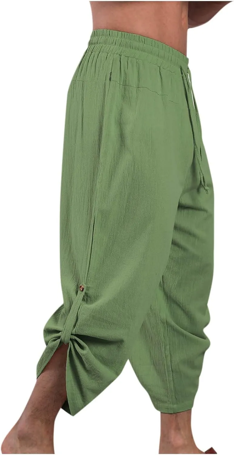 Mens Cotton Linen Drawstring Elastic Waist Casual Jogger Yoga Pants Slim Fit Lounge Cropped Pants Workout Pants