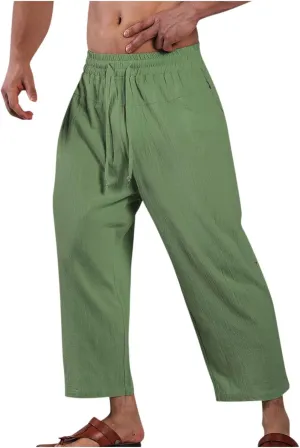 Mens Cotton Linen Drawstring Elastic Waist Casual Jogger Yoga Pants Slim Fit Lounge Cropped Pants Workout Pants