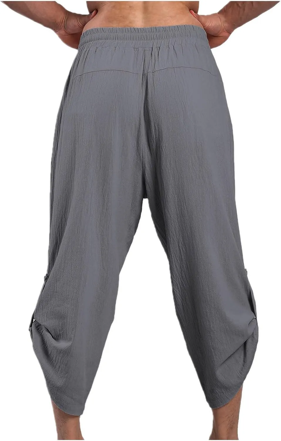 Mens Cotton Linen Drawstring Elastic Waist Casual Jogger Yoga Pants Slim Fit Lounge Cropped Pants Workout Pants