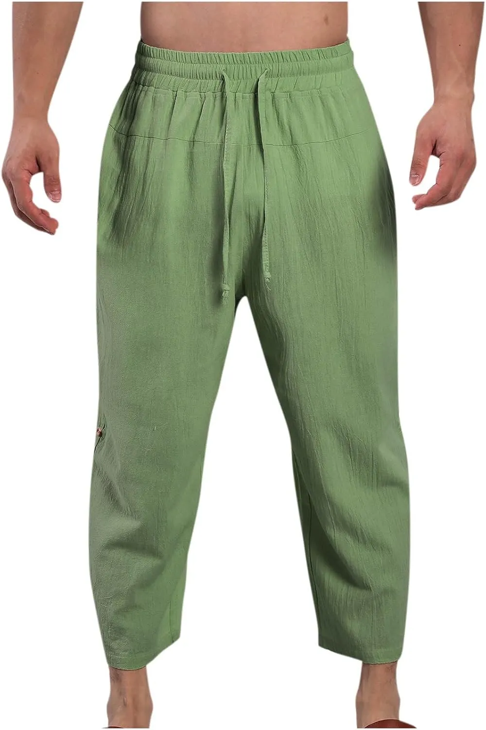 Mens Cotton Linen Drawstring Elastic Waist Casual Jogger Yoga Pants Slim Fit Lounge Cropped Pants Workout Pants