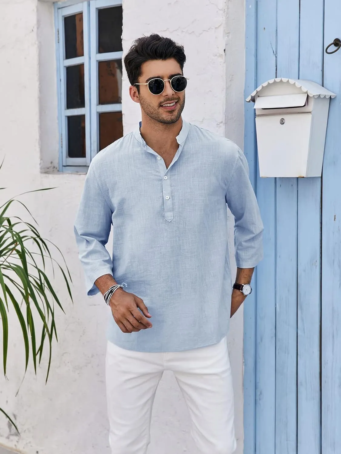 Mens Henley T-Shirt Linen Cotton Shirts Button Up Beach Tops Casual Short Sleeve Lightweight Plain Tees