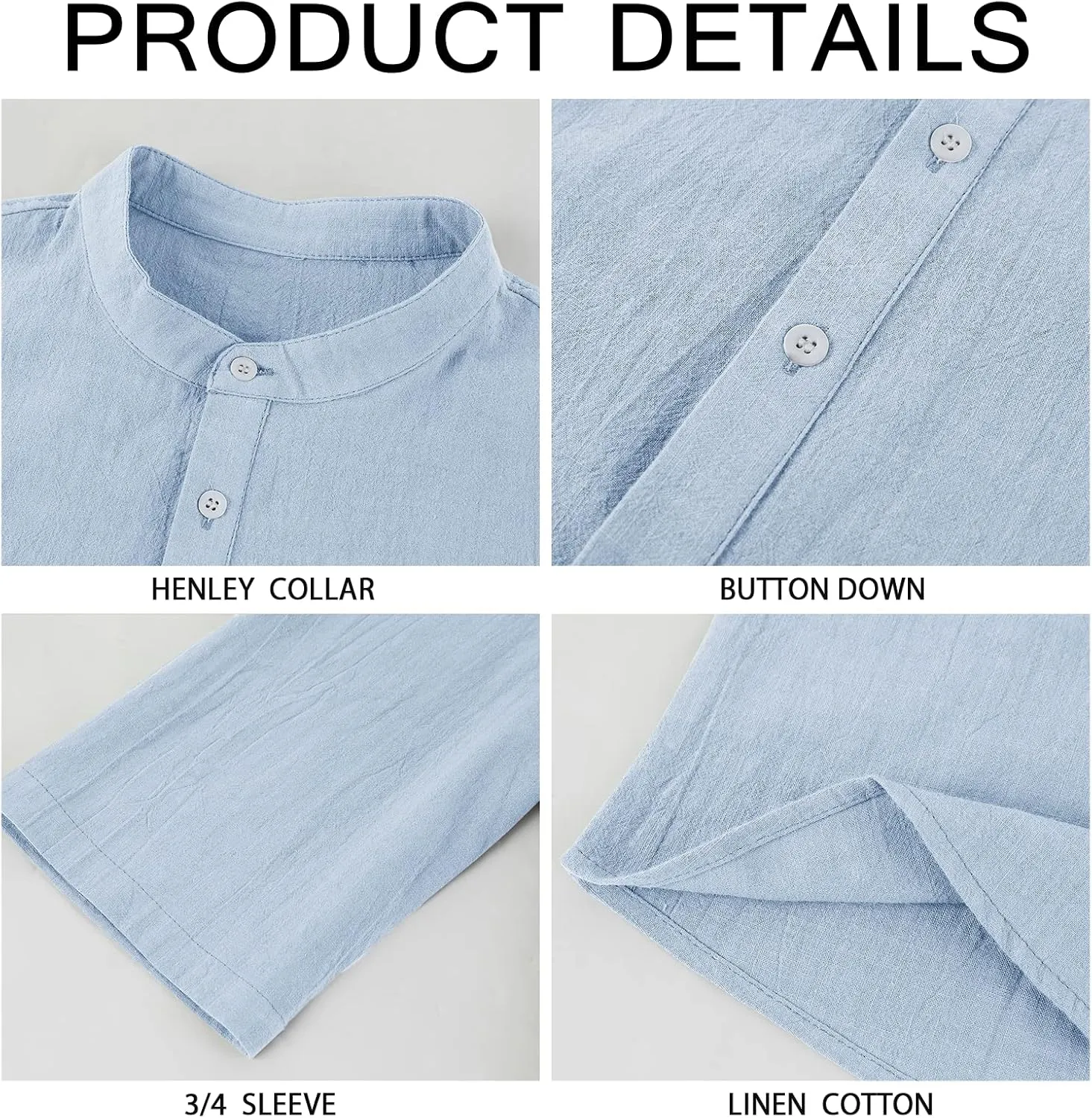 Mens Henley T-Shirt Linen Cotton Shirts Button Up Beach Tops Casual Short Sleeve Lightweight Plain Tees