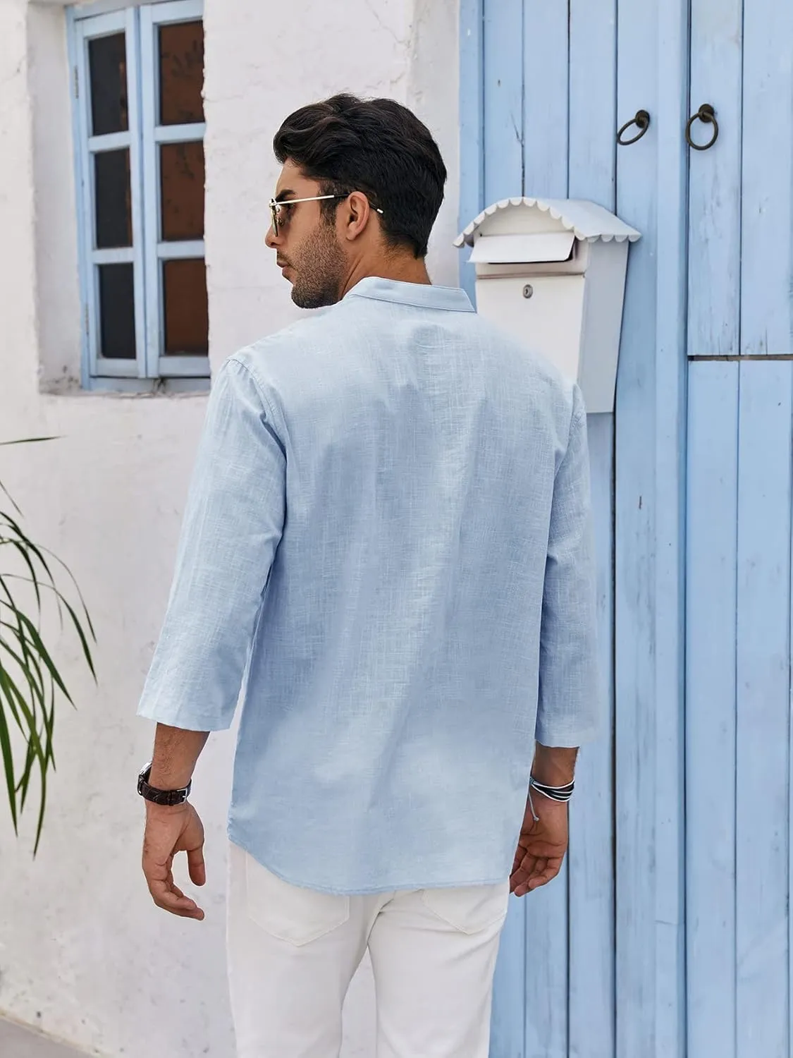 Mens Henley T-Shirt Linen Cotton Shirts Button Up Beach Tops Casual Short Sleeve Lightweight Plain Tees