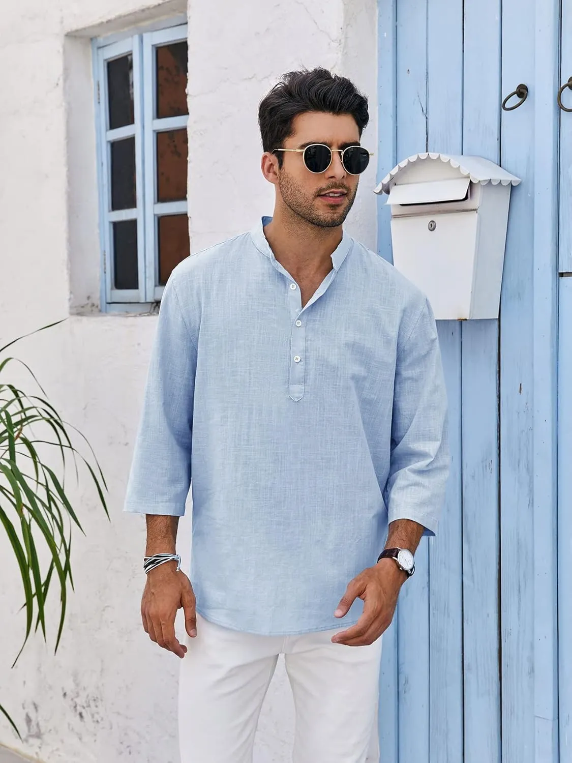 Mens Henley T-Shirt Linen Cotton Shirts Button Up Beach Tops Casual Short Sleeve Lightweight Plain Tees
