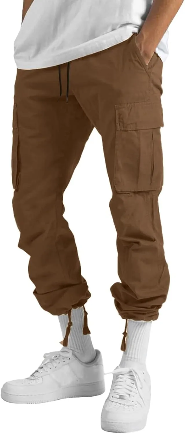 Mens Solid Cargo Pants Solid Color Multi Pockets Straight Leg Trousers Sports Overalls Drawstring Hiking Joggers