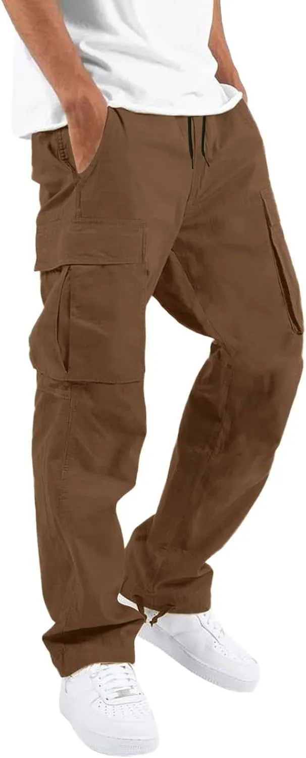 Mens Solid Cargo Pants Solid Color Multi Pockets Straight Leg Trousers Sports Overalls Drawstring Hiking Joggers