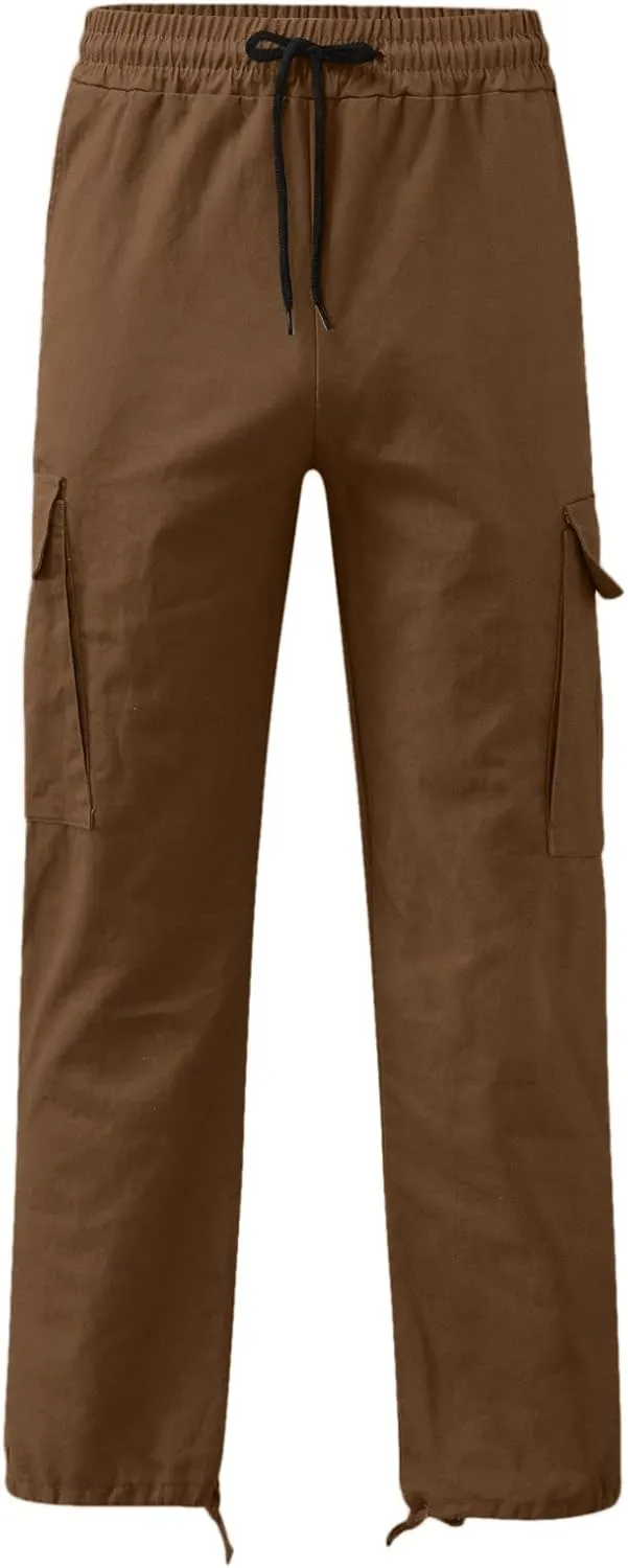 Mens Solid Cargo Pants Solid Color Multi Pockets Straight Leg Trousers Sports Overalls Drawstring Hiking Joggers