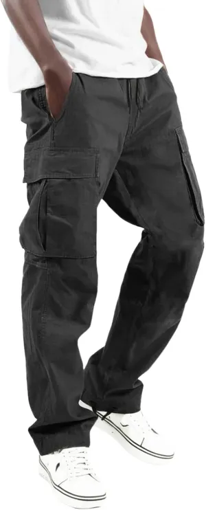 Mens Solid Cargo Pants Solid Color Multi Pockets Straight Leg Trousers Sports Overalls Drawstring Hiking Joggers