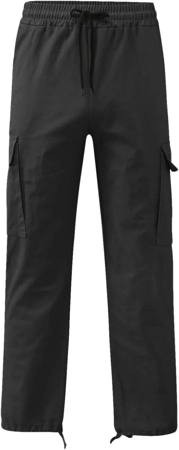 Mens Solid Cargo Pants Solid Color Multi Pockets Straight Leg Trousers Sports Overalls Drawstring Hiking Joggers