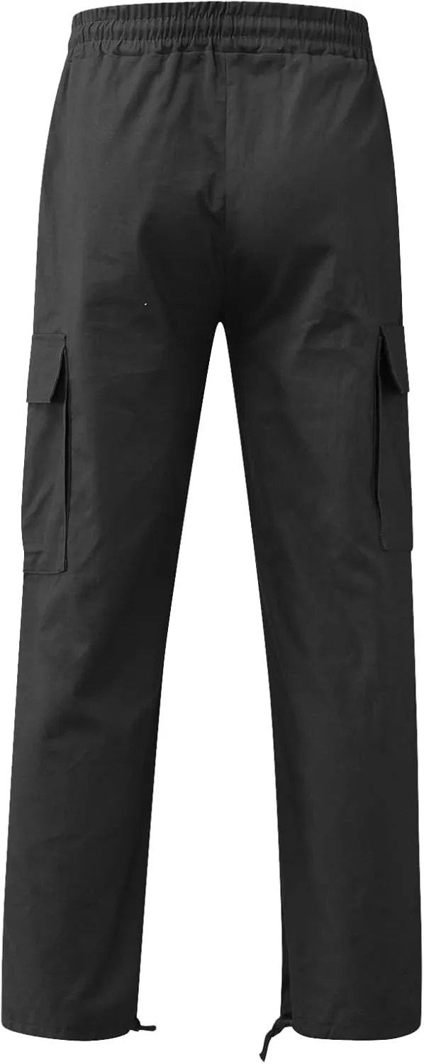 Mens Solid Cargo Pants Solid Color Multi Pockets Straight Leg Trousers Sports Overalls Drawstring Hiking Joggers