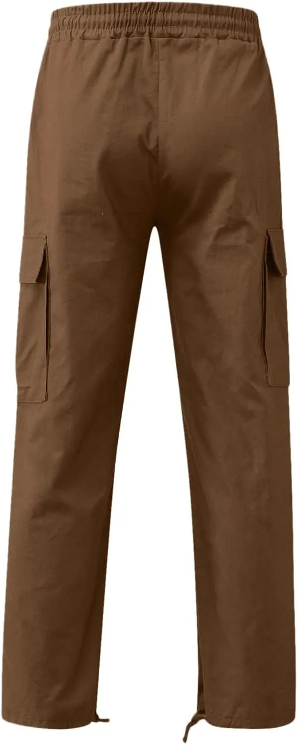 Mens Solid Cargo Pants Solid Color Multi Pockets Straight Leg Trousers Sports Overalls Drawstring Hiking Joggers